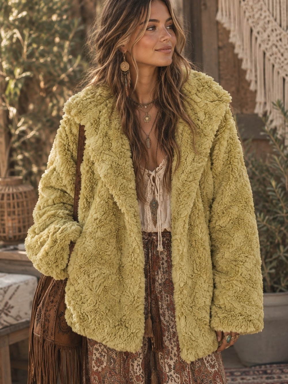 Ivy Jane Women's Boho Plush Teddy Jacket in Mustard Yellow